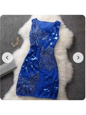 Blue Beaded Sequin Embellished Sheath Dress Size Large NWT